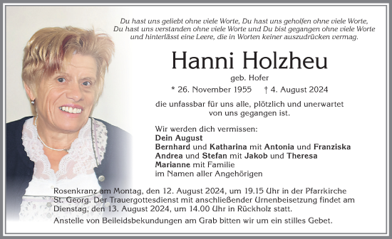 Traueranzeige von Hanni Holzheu von Allgäuer Zeitung, Füssen
