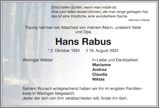 Traueranzeige von Hans Rabus von Memminger Zeitung