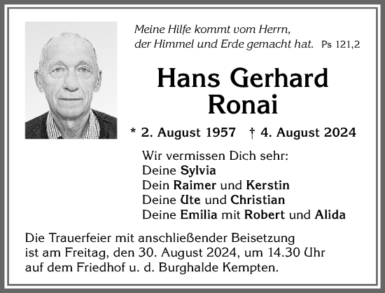 Traueranzeige von Hans Gerhard Ronai von Allgäuer Zeitung,Kempten