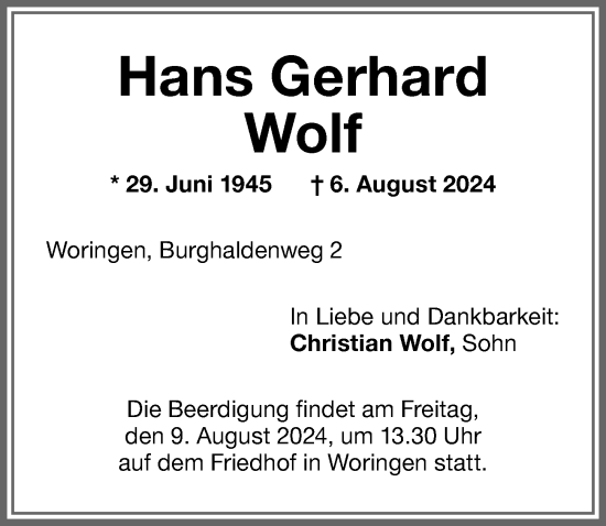 Traueranzeige von Hans Gerhard Wolf von Memminger Zeitung