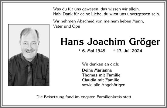 Traueranzeige von Hans Joachim Gröger von Allgäuer Zeitung, Kaufbeuren/Buchloe