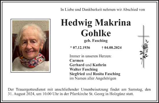 Traueranzeige von Hedwig Makrina Gohlke von Memminger Zeitung