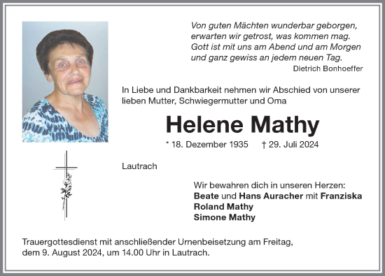Traueranzeige von Helene Mathy von Memminger Zeitung
