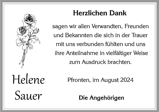Traueranzeige von Helene Sauer von Allgäuer Zeitung, Füssen