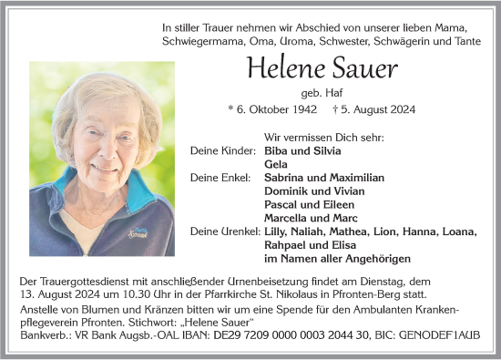 Traueranzeige von Helene Sauer von Allgäuer Zeitung, Füssen