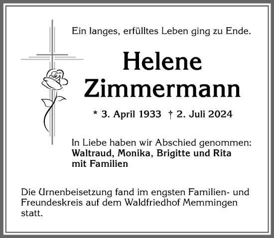 Traueranzeige von Helene Zimmermann von Memminger Zeitung