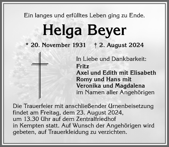 Traueranzeige von Helga Beyer von Allgäuer Zeitung,Kempten