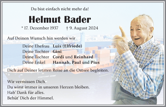 Traueranzeige von Helmut Bader von Allgäuer Zeitung,Kempten