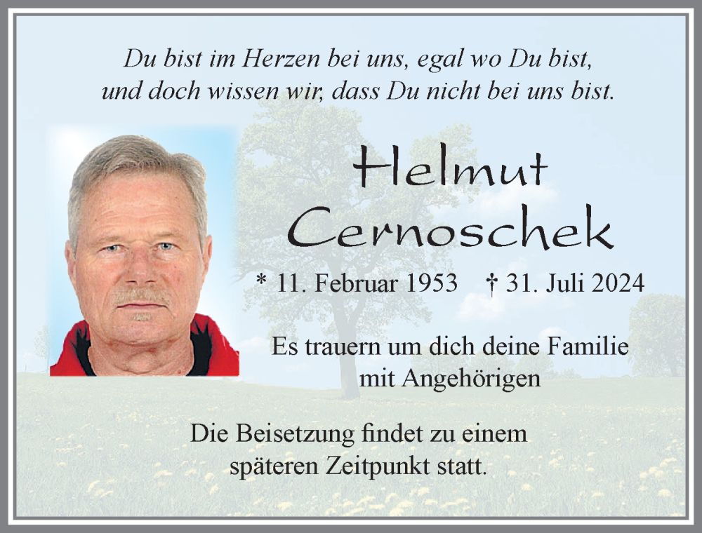  Traueranzeige für Helmut Cernoschek vom 05.08.2024 aus Allgäuer Zeitung, Marktoberdorf