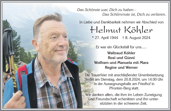 Traueranzeige von Helmut Köhler von Allgäuer Zeitung, Füssen