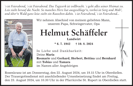 Traueranzeige von Helmut Schäffeler von Augsburger Allgemeine, Landsberger Tagblatt
