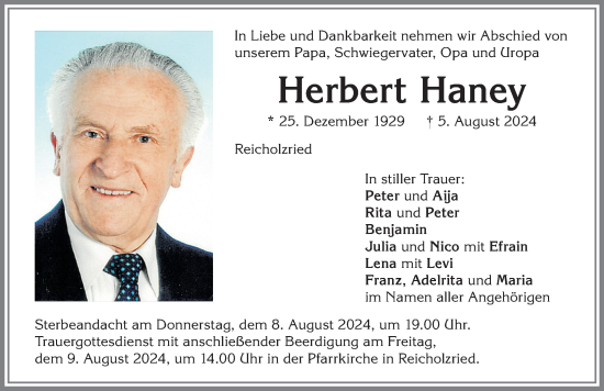 Traueranzeige von Herbert Haney von Allgäuer Zeitung,Kempten