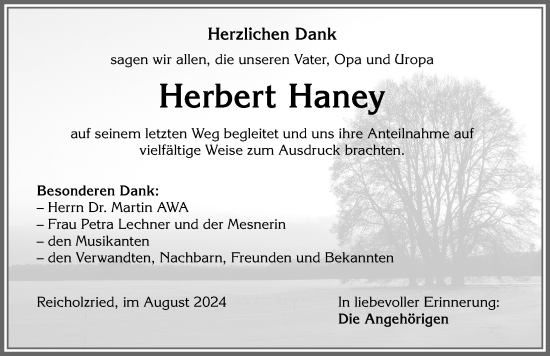 Traueranzeige von Herbert Haney von Allgäuer Zeitung,Kempten