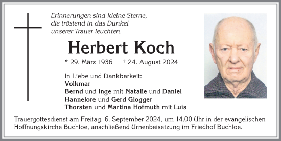 Traueranzeige von Herbert Koch von Allgäuer Zeitung, Kaufbeuren/Buchloe