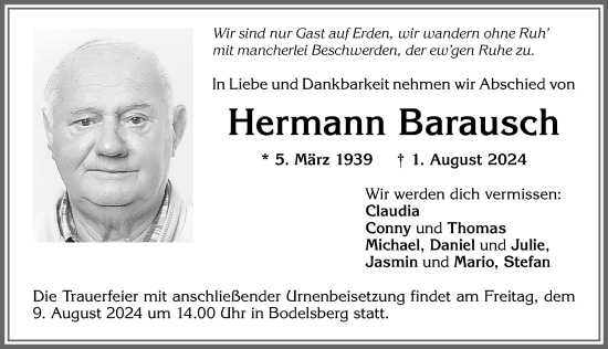 Traueranzeige von Hermann Barausch von Allgäuer Zeitung,Kempten