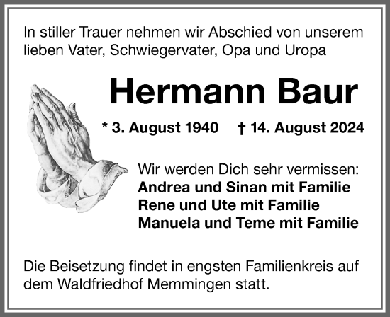Traueranzeige von Hermann Baur von Memminger Zeitung