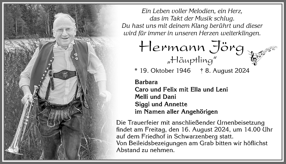  Traueranzeige für Hermann Jörg vom 10.08.2024 aus Allgäuer Zeitung,Kempten