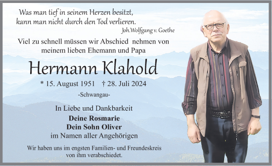 Traueranzeige von Hermann Klahold von Allgäuer Zeitung, Füssen