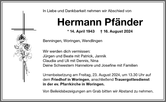 Traueranzeige von Hermann Pfänder von Memminger Zeitung