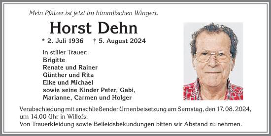 Traueranzeige von Horst Dehn von Allgäuer Zeitung, Marktoberdorf