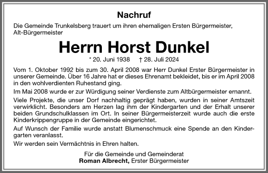 Traueranzeige von Horst Dunkel von Memminger Zeitung