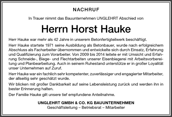 Traueranzeige von Horst Hauke von Memminger Zeitung