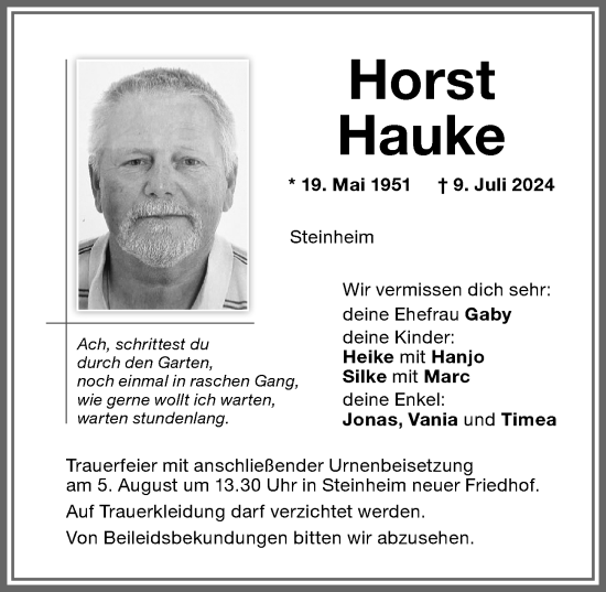 Traueranzeige von Horst Hauke von Memminger Zeitung