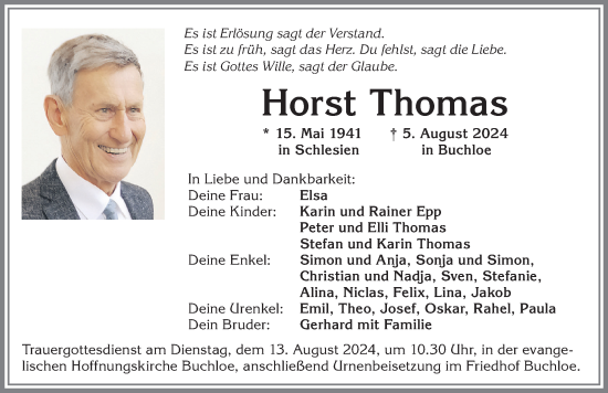 Traueranzeige von Horst Thomas von Allgäuer Zeitung, Kaufbeuren/Buchloe