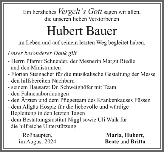 Traueranzeige von Hubert Bauer von Allgäuer Zeitung, Füssen