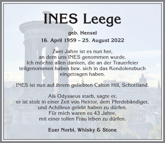 Traueranzeige von Ines Leege von Allgäuer Zeitung, Gesamtausgabe