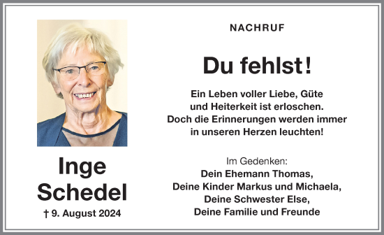 Traueranzeige von Inge Schedel von Memminger Zeitung