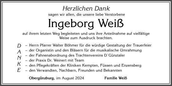 Traueranzeige von Ingeborg Weiß von Allgäuer Zeitung, Marktoberdorf