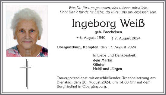 Traueranzeige von Ingeborg Weiß von Allgäuer Zeitung, Marktoberdorf