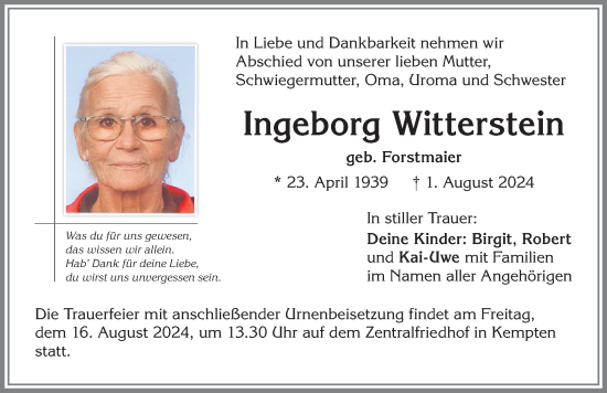 Traueranzeige von Ingeborg Witterstein von Allgäuer Zeitung,Kempten