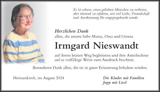 Traueranzeige von Irmgard Nieswandt von Der Westallgäuer