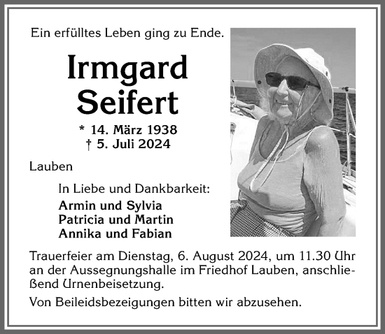 Traueranzeige von Irmgard Seifert von Allgäuer Zeitung,Kempten