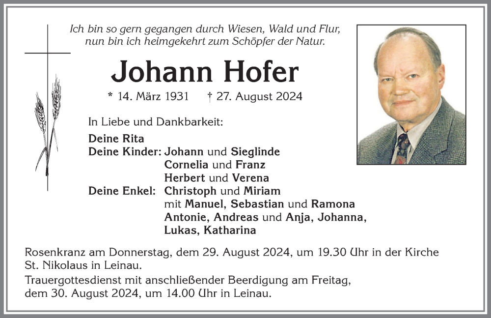  Traueranzeige für Johann Hofer vom 28.08.2024 aus Allgäuer Zeitung, Kaufbeuren/Buchloe