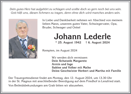 Traueranzeige von Johann Lederle von Allgäuer Zeitung,Kempten