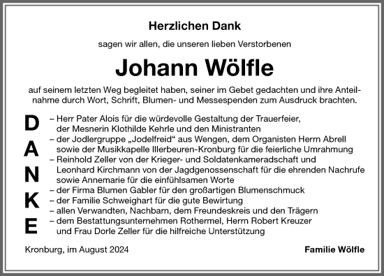 Traueranzeige von Johann Wölfle von Memminger Zeitung