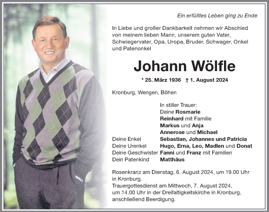 Traueranzeige von Johann Wölfle von Memminger Zeitung