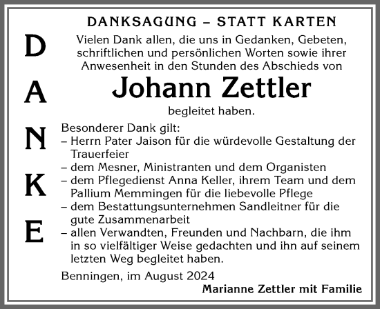 Traueranzeige von Johann Zettler von Memminger Zeitung