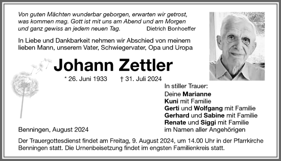 Traueranzeige von Johann Zettler von Memminger Zeitung