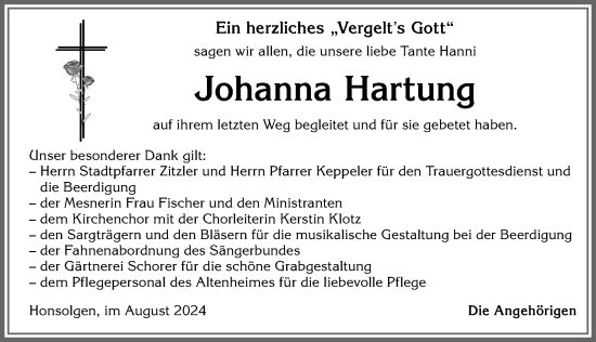 Traueranzeige von Johanna Hartung von Allgäuer Zeitung, Kaufbeuren/Buchloe