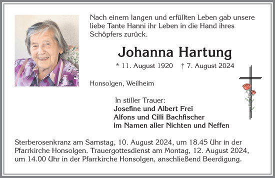 Traueranzeige von Johanna Hartung von Allgäuer Zeitung, Kaufbeuren/Buchloe