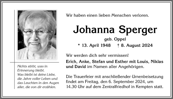 Traueranzeige von Johanna Sperger von Allgäuer Zeitung,Kempten