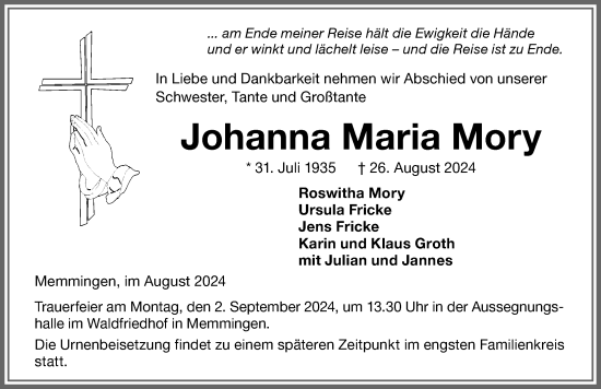 Traueranzeige von Johanna Maria Mory von Memminger Zeitung