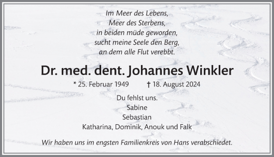 Traueranzeige von Johannes Winkler von Memminger Zeitung