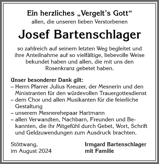 Traueranzeige von Josef Bartenschlager von Allgäuer Zeitung, Kaufbeuren/Buchloe