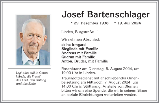 Traueranzeige von Josef Bartenschlager von Allgäuer Zeitung, Kaufbeuren/Buchloe