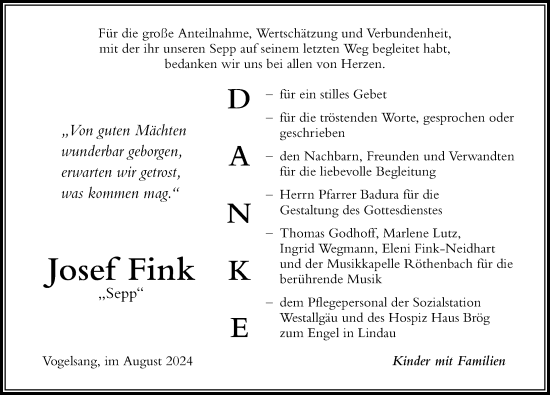 Traueranzeige von Josef Fink von Der Westallgäuer